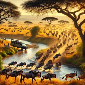 A vibrant scene of the Masai Mara during the Great Migration with wildebeest, zebras, and gazelles crossing a river, framed by the iconic acacia trees.webp